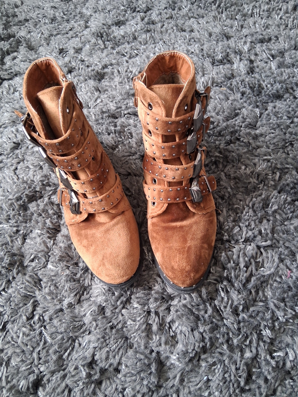 Suede Buckle Ankle Boots in Cognac Brown